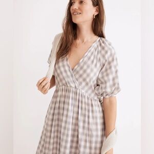 Madewell Mariana Puff Sleeve Lavender and Grey Plaid Midi Dress Size Medium